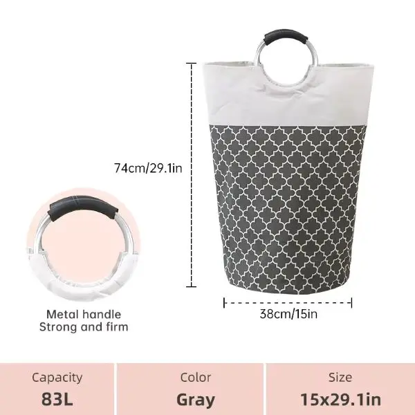 Grey and White Laundry Basket with Metal Handle