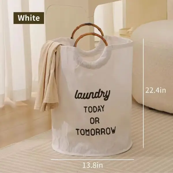 White Laundry Bag with Wooden Handle